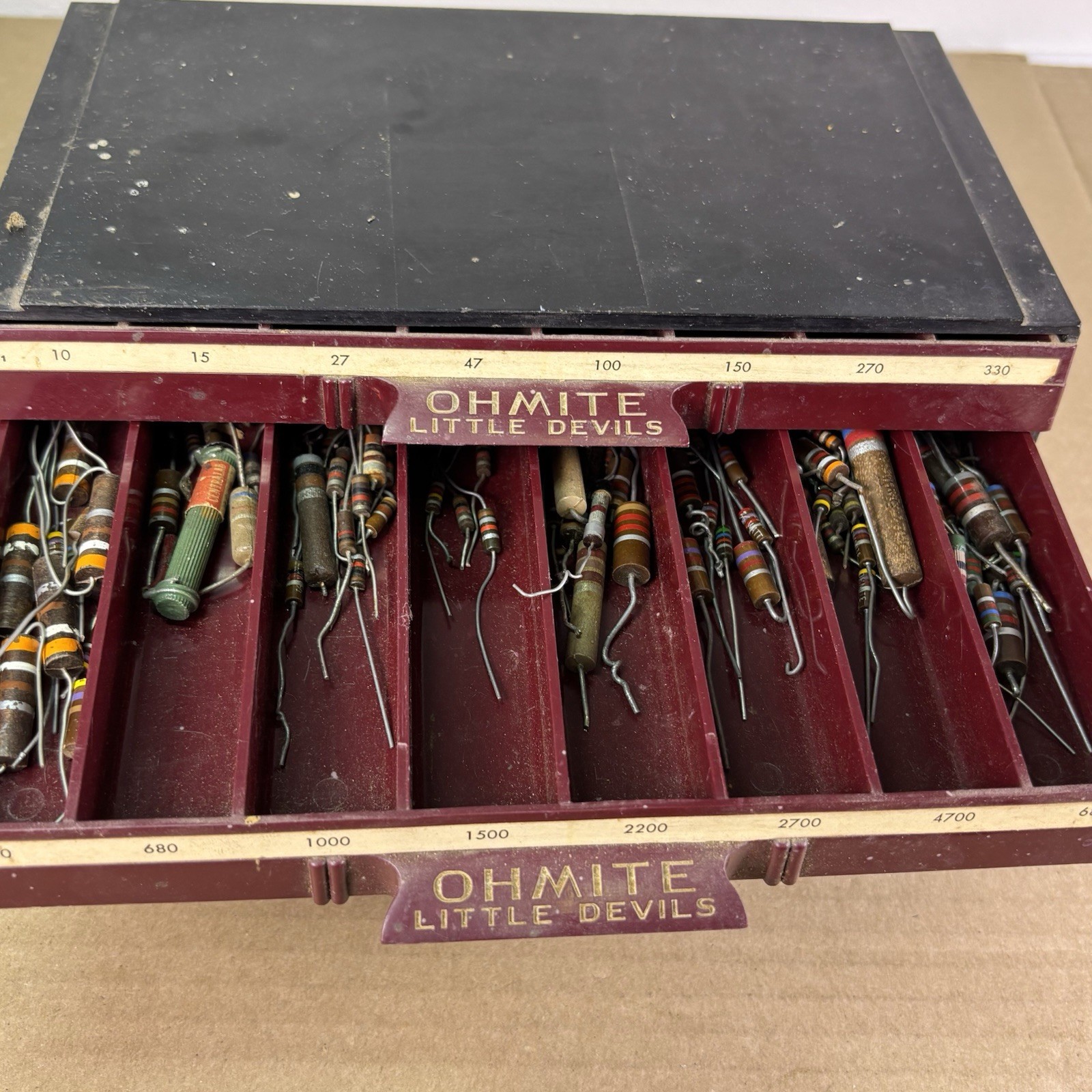 MASSIVE Lot of VTG NOS/USED Resistors w Ohmite Little Devils Storage Bin 9x5x4"