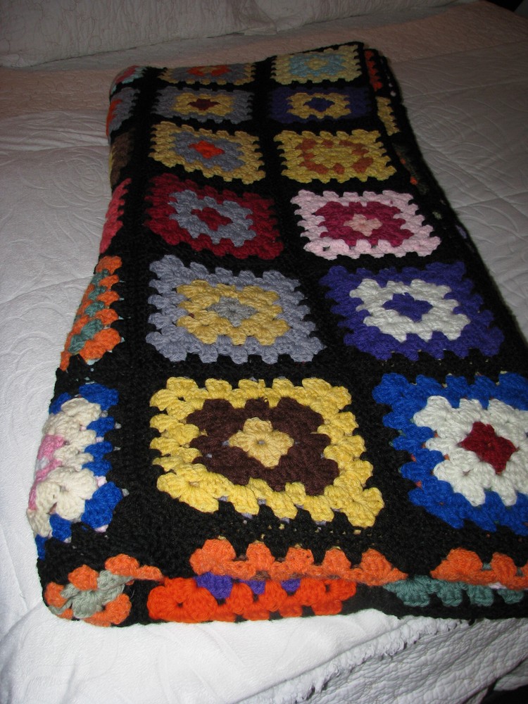 Handmade Crocheted Afghan/Blanket Multicolor & Black Trim Edging