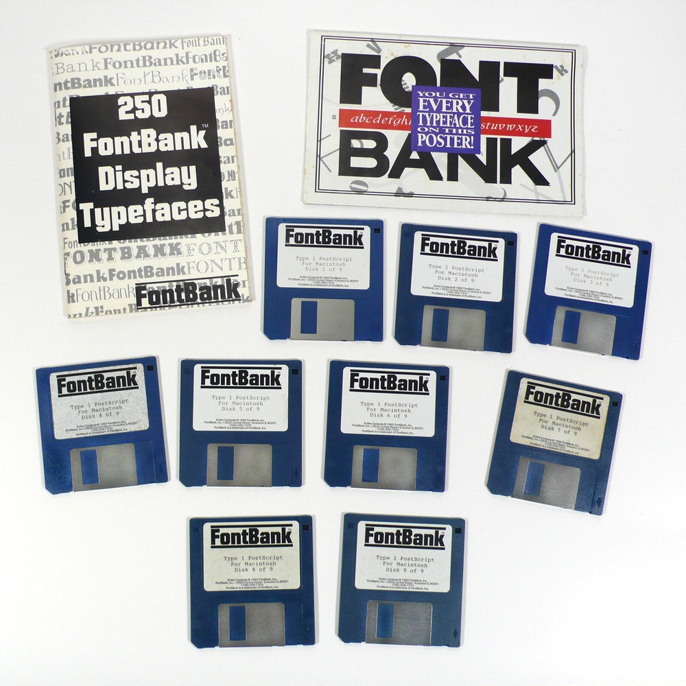 250 FontBank Display Typefaces Postscript For Macintosh on 3.5" Floppy Disks