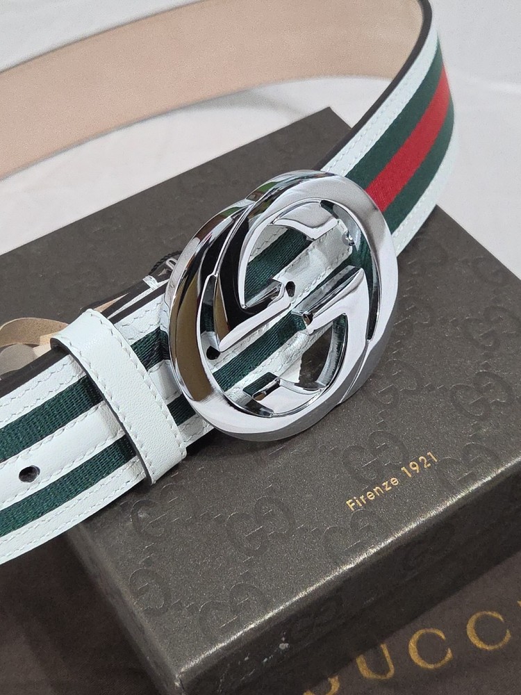 Gucci Stripe White Green Red Web Belt Authentic Silver 30-32 IT 90CM