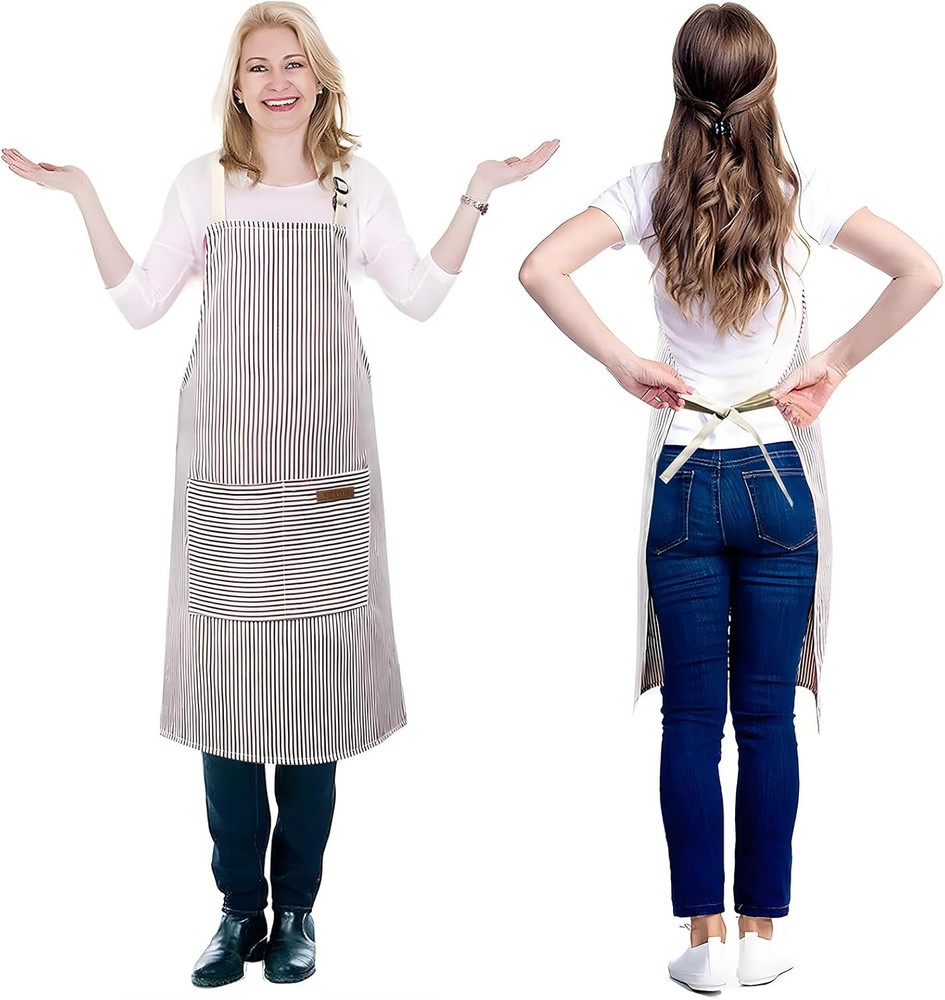 2 Pack Apron, Cooking Kitchen Aprons, Adjustable Black/Brown Thick Stripes