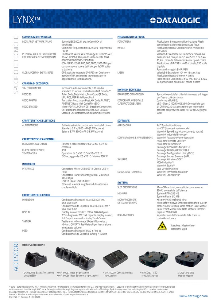 Complete kit datalogic lynx reader -std laser, bt,27 key -numeric-wwe 944400000