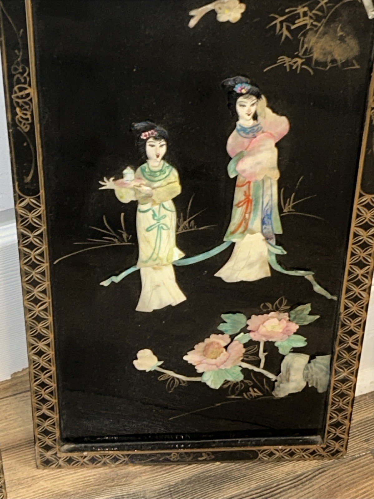 3 Vintage Laquered Asian With Mother of Pearl Panels 12”x 36”