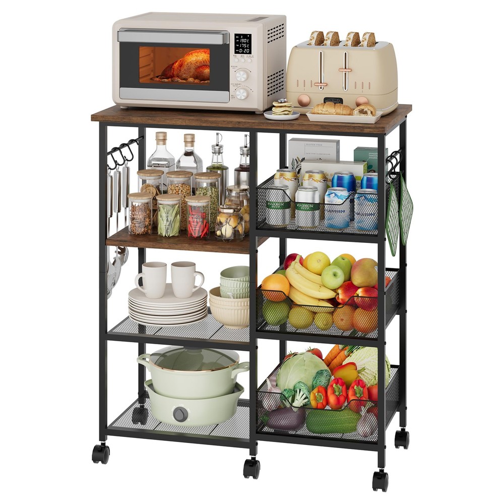 Rolling Kitchen Carts with Storage - Microwave Table Stand with 6 Hooks & 3 B...