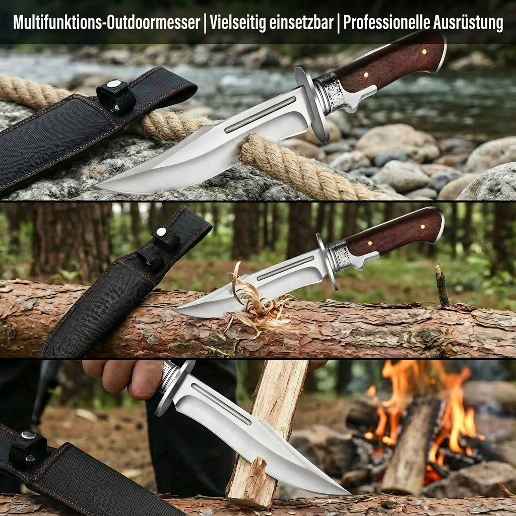 Outdoor Bowie Fixed Blade Knife with Wood Handle and Sheath