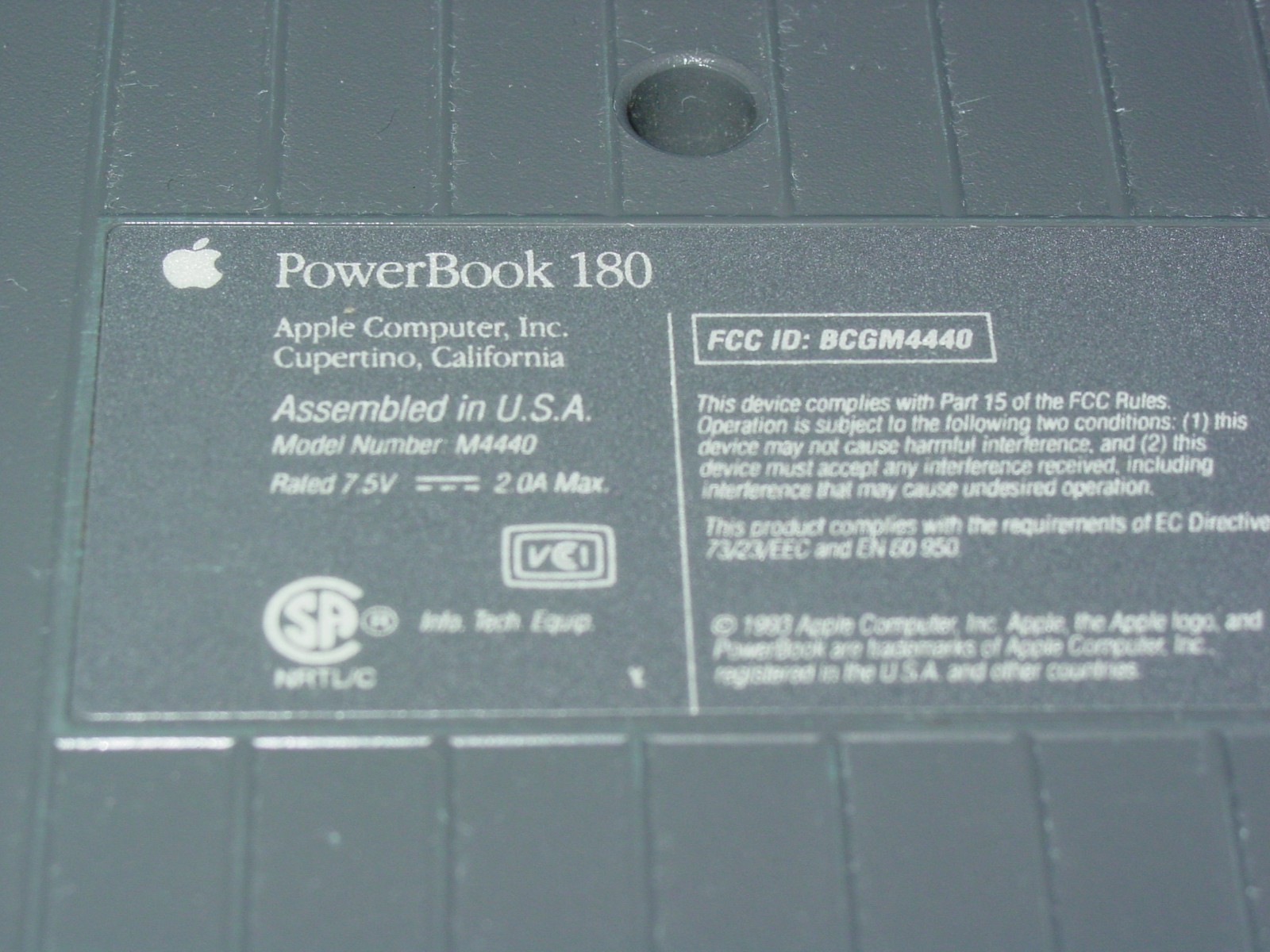 Vintage Apple Macintosh PowerBook 180 Laptop M4440 with Power Adapter