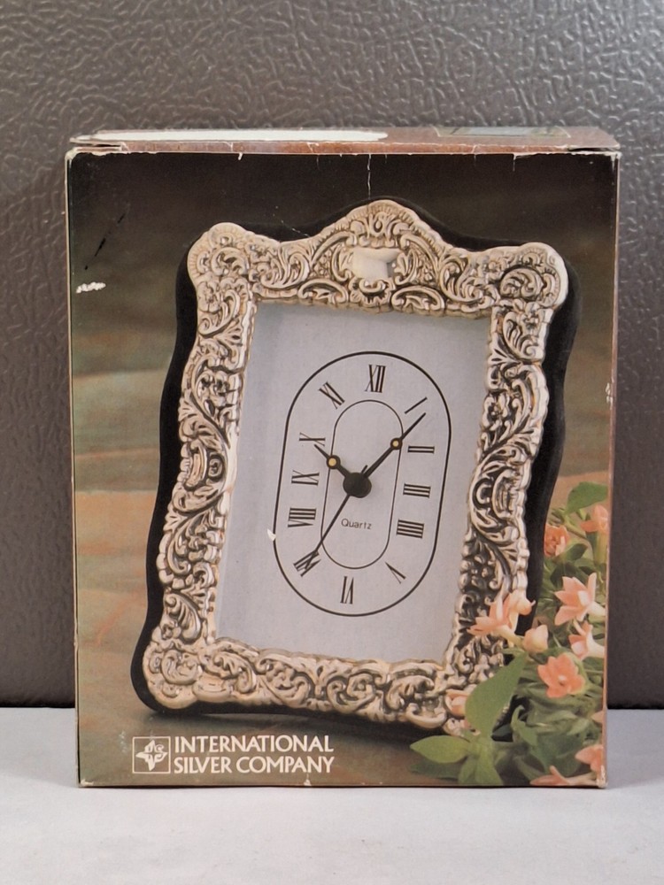 Vtg Silver Framed Quartz Clock Scrolled Design Tabletop