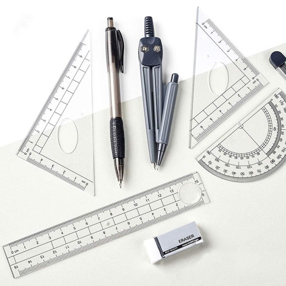 Math Geometry Kit Set - Shatterproof Box,Rulers,Protractor,Compass,Pencil,Eraser