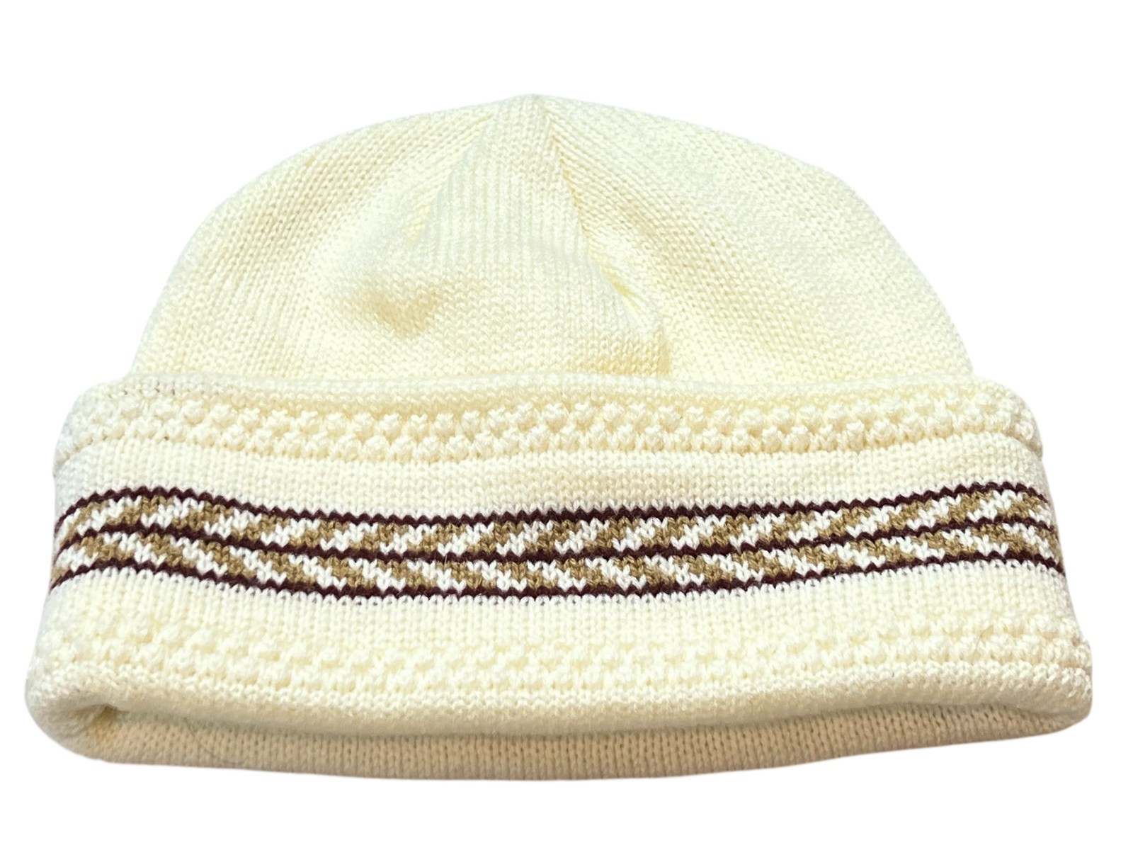 Vintage 70s Hat Stocking Cap English Village Acrylic Knit Cream Brown Design