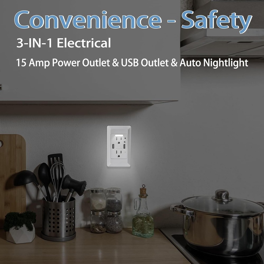 12x High Speed USB Charger Wall Outlet, with Power-Saving Auto Nightlight Sensor