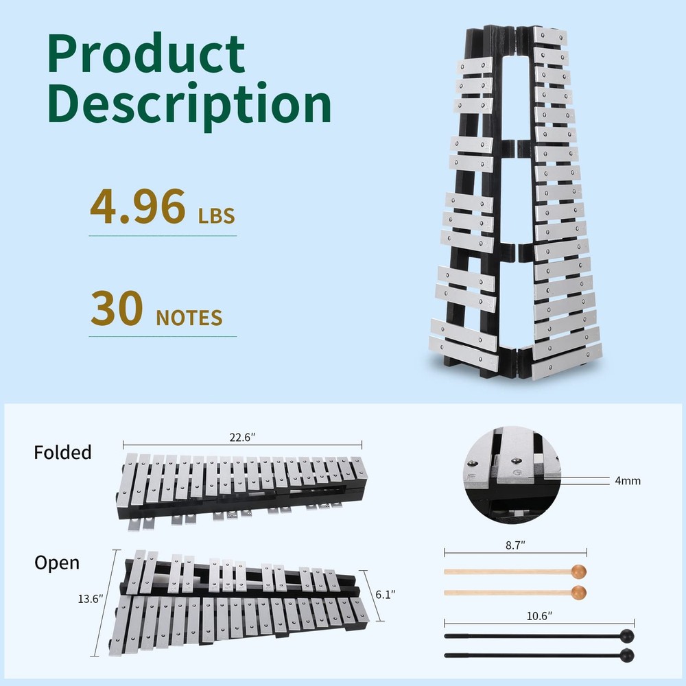 30 Notes Foldable Glockenspiel Xylophone, Percussion Instrument Kit for Begin...