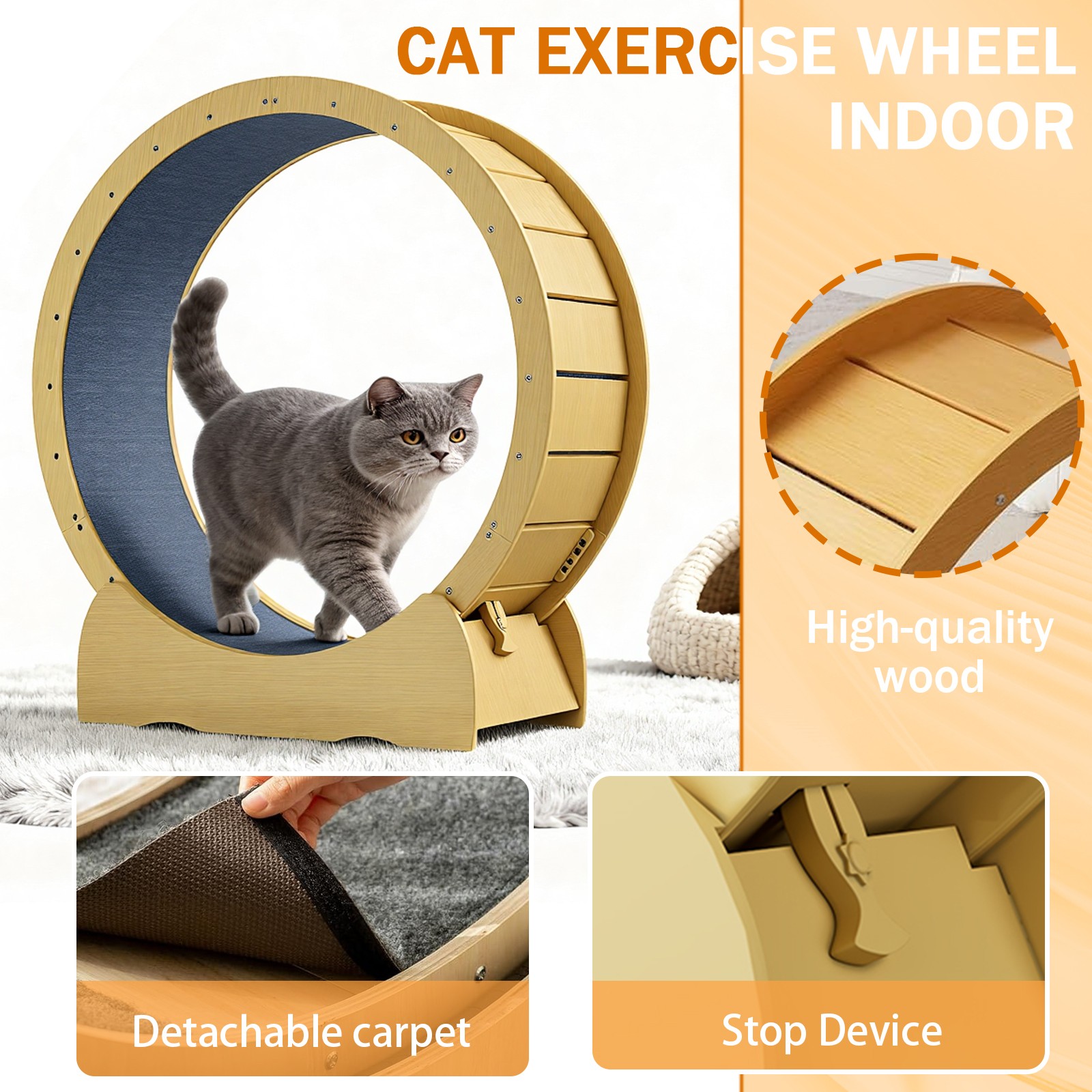 42"Cat Exercise Wheel for Indoor Cats with Detachable Carpeted Runway Solid Wood