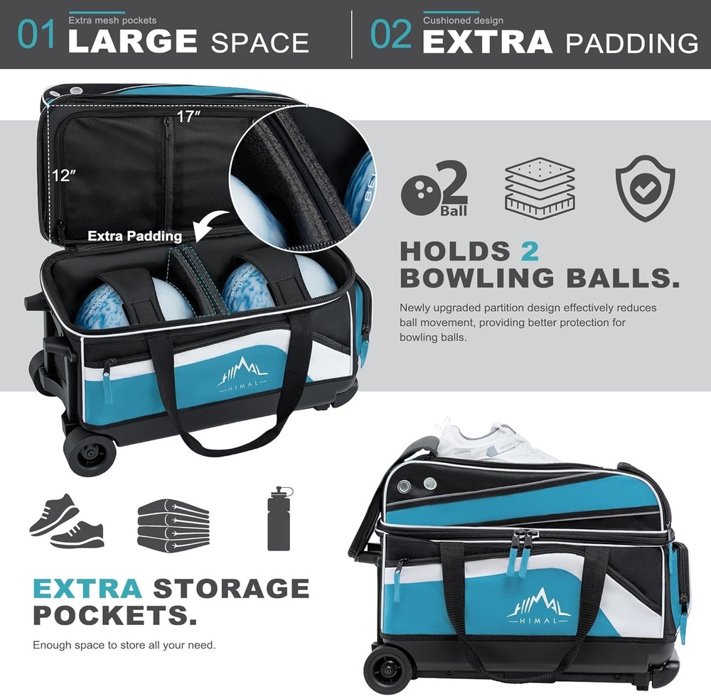 Double Roller 2 Ball Bowling Bag with Separate Shoe Compartment for Bowling S...