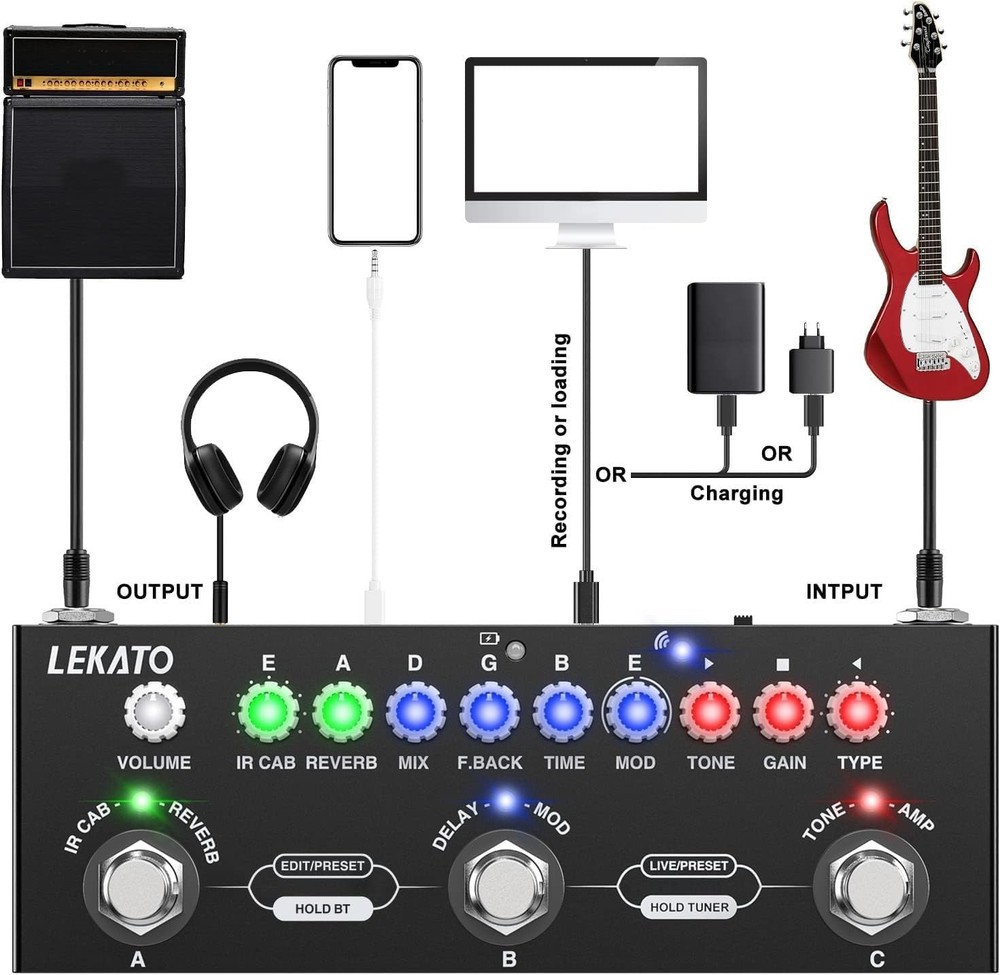 Multi Effects Guitar Pedal: 9 AMP Models, USB & Bluetooth Recording Support