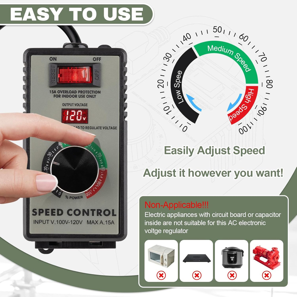 AC Motor Speed Controller 100V-120V 15A Variable Speed Regulator for Router Fan