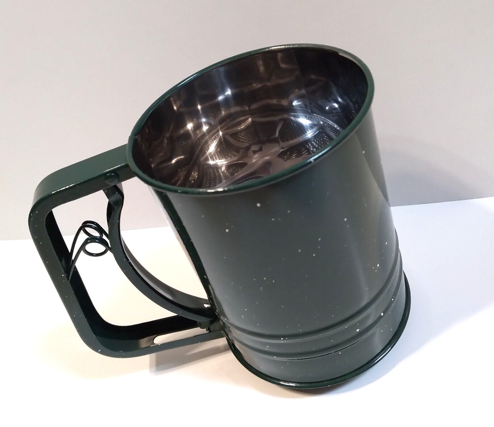 Rustic Deep Green Speckled Enamel Metal Flour Sifter 3 Cup