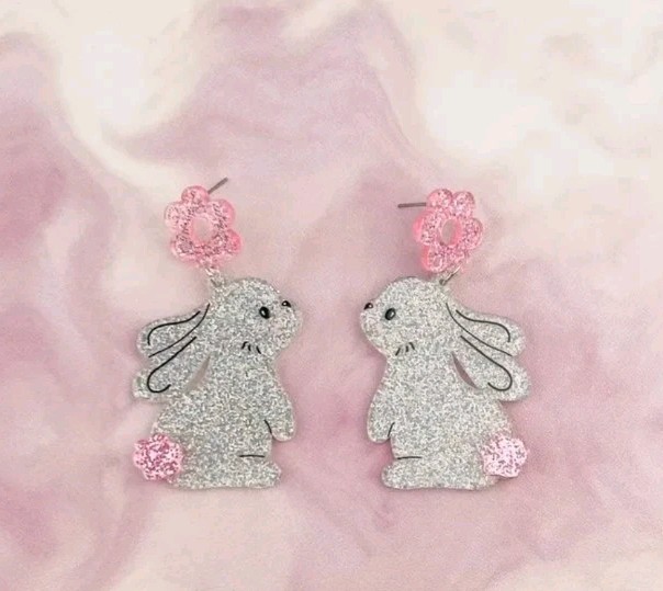 Festive Easter Bunny Acrylic Earrings Glittery Silver& Pink Lightweight Dangle,