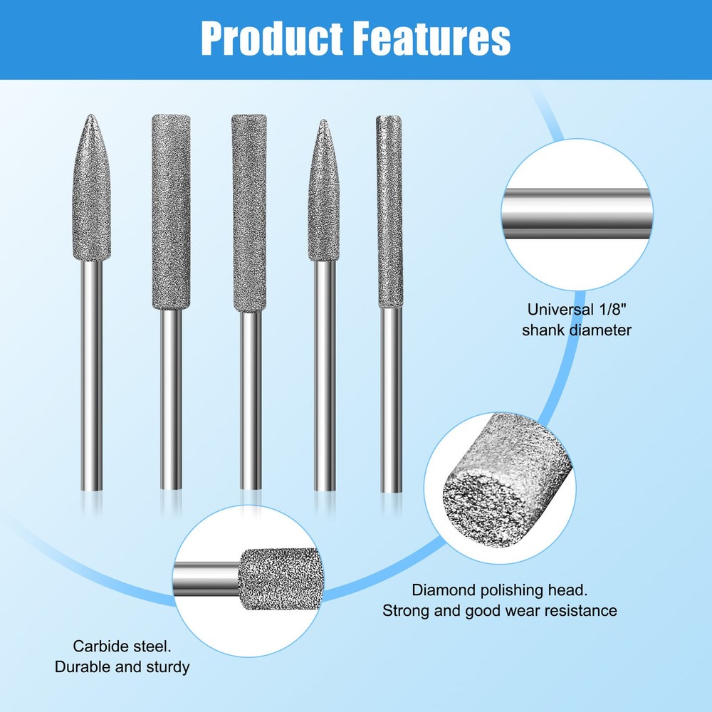 11PCS 1/8" Different Shapes Diamond Burr Bits Rotary Tools Kit Accessories