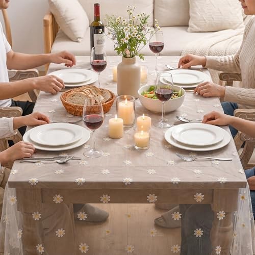 Embroidery Daisy Spring Summer Gauze Tablecloth 60"×84" (Rectangular) White