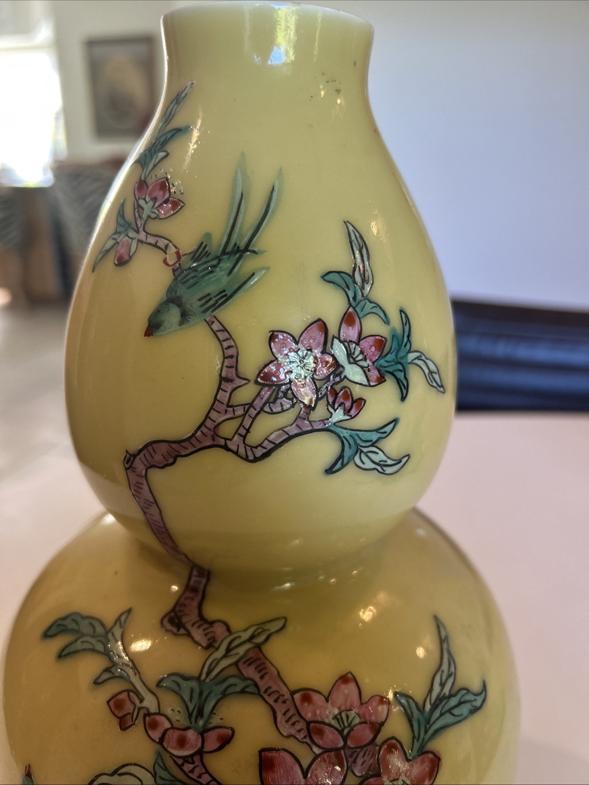 Vtg Chinese Famille Floral Birds Gourd Shaped Porcelain Vase
