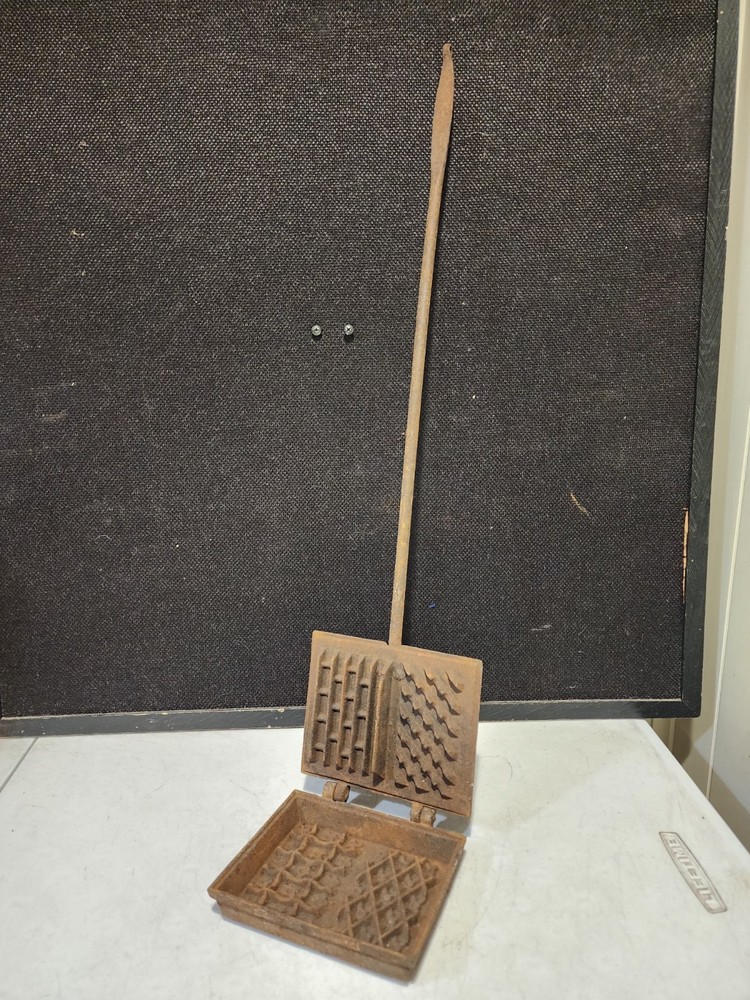 Antique Fireplace Waffle Maker 25" Blacksmith Forged Wrought Iron NICE PATTERNS