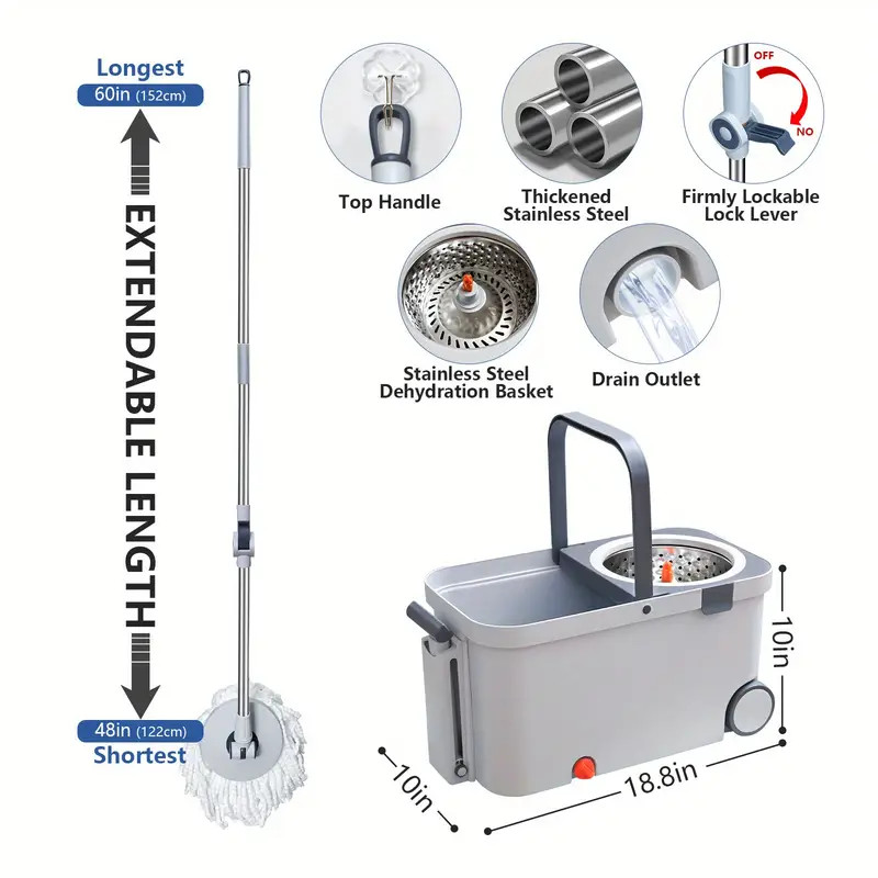 60" Mop and Bucket Wringer Set Household Cleaning w/6PCS Mop Pads+1 Scrub Brush