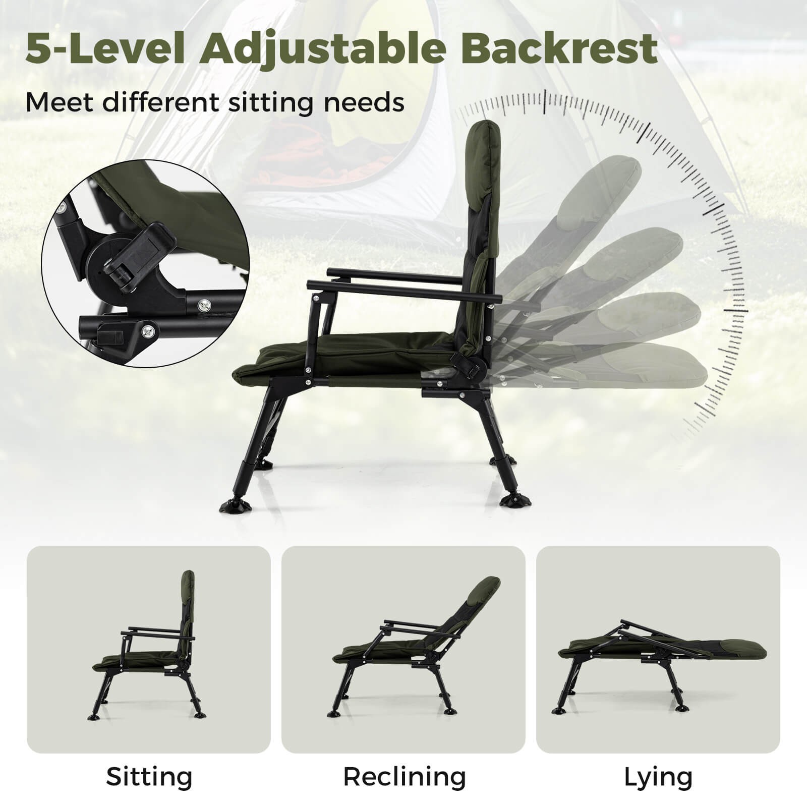 Oversized Foldable Fishing Chair Camping Chair w/ Large Adjustable Feet Armrest