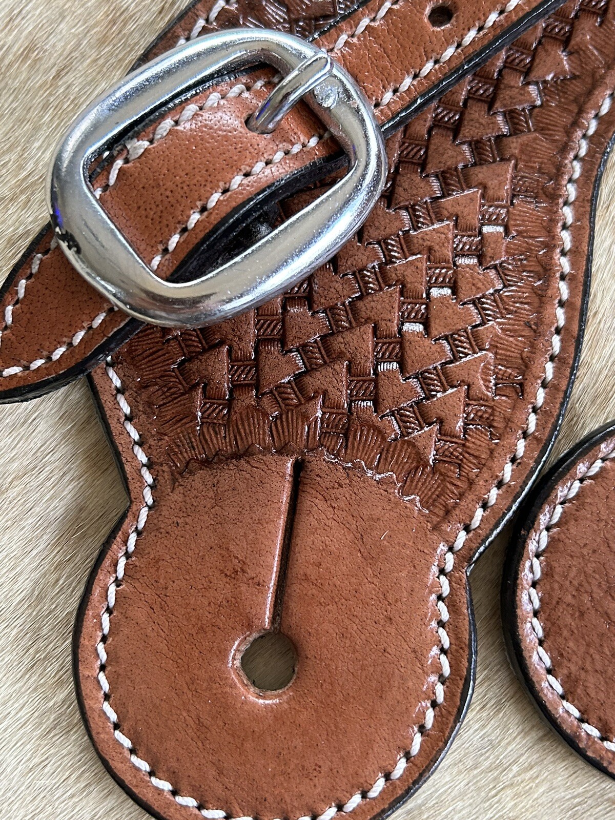 Adult Size Basketweave Tooled Leather Western PAIR Spur Straps Medium Oil Finish