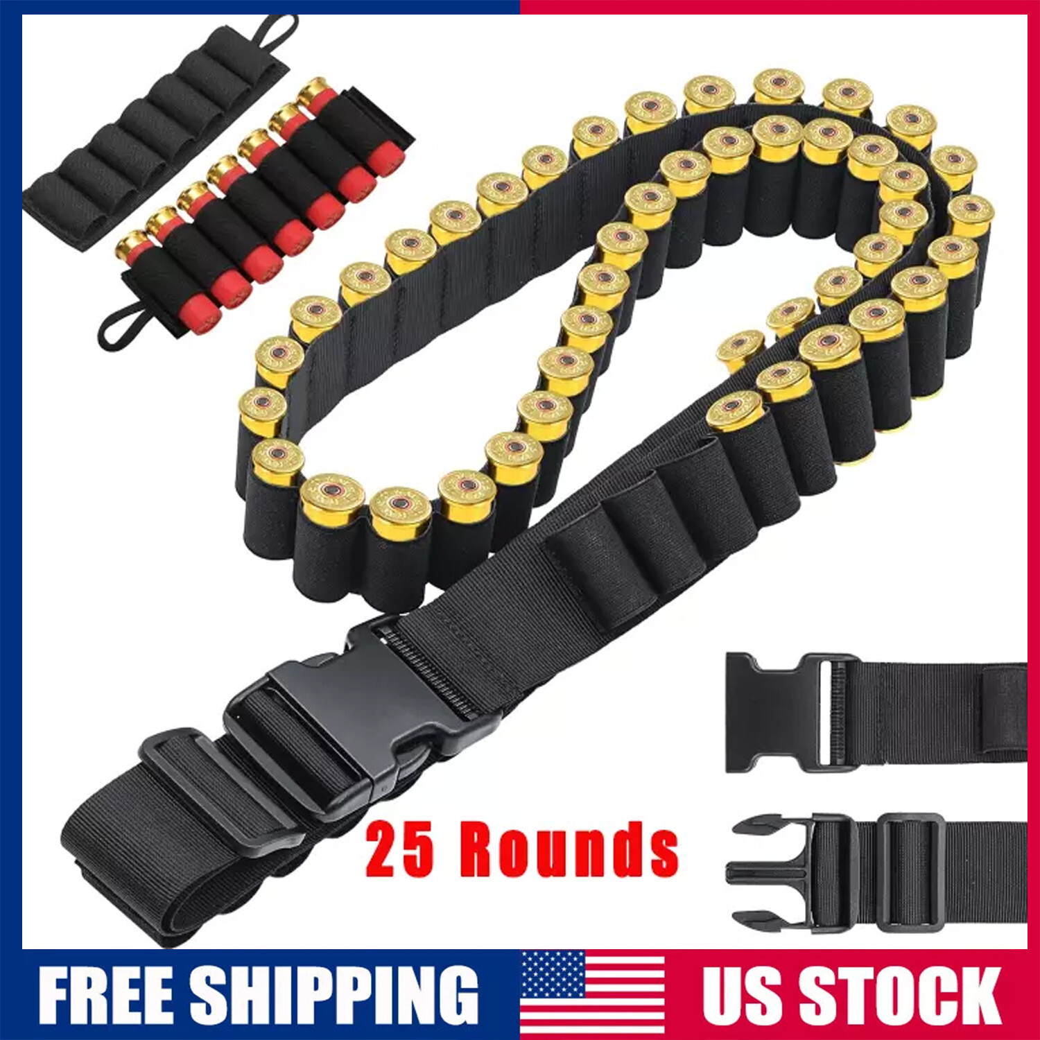 Shotgun Shell Holder 25 Shells 12/20GA Gauge Cartridge Ammo Bandolier Belt Black