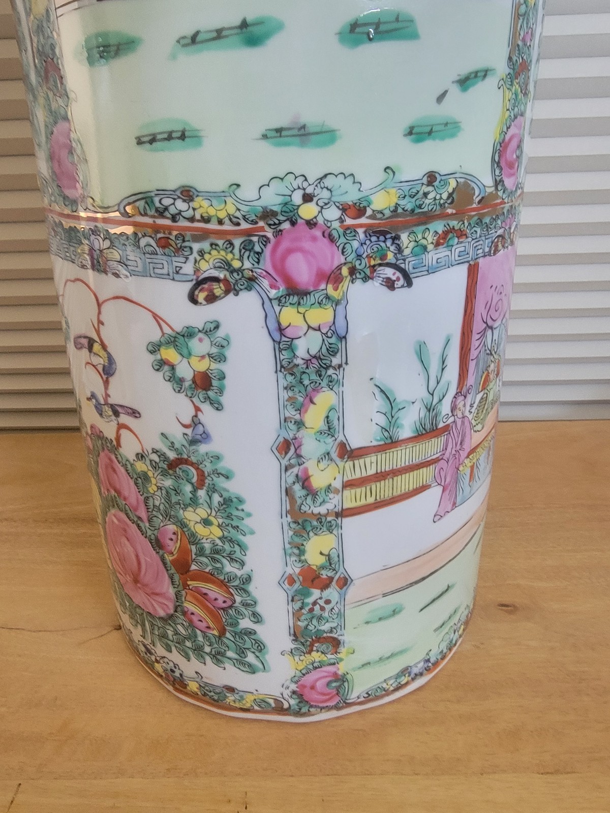 Vintage Porcelain Asian Umbrella Stand Pot Hand Painted 18 3/8" x 8 1/8"