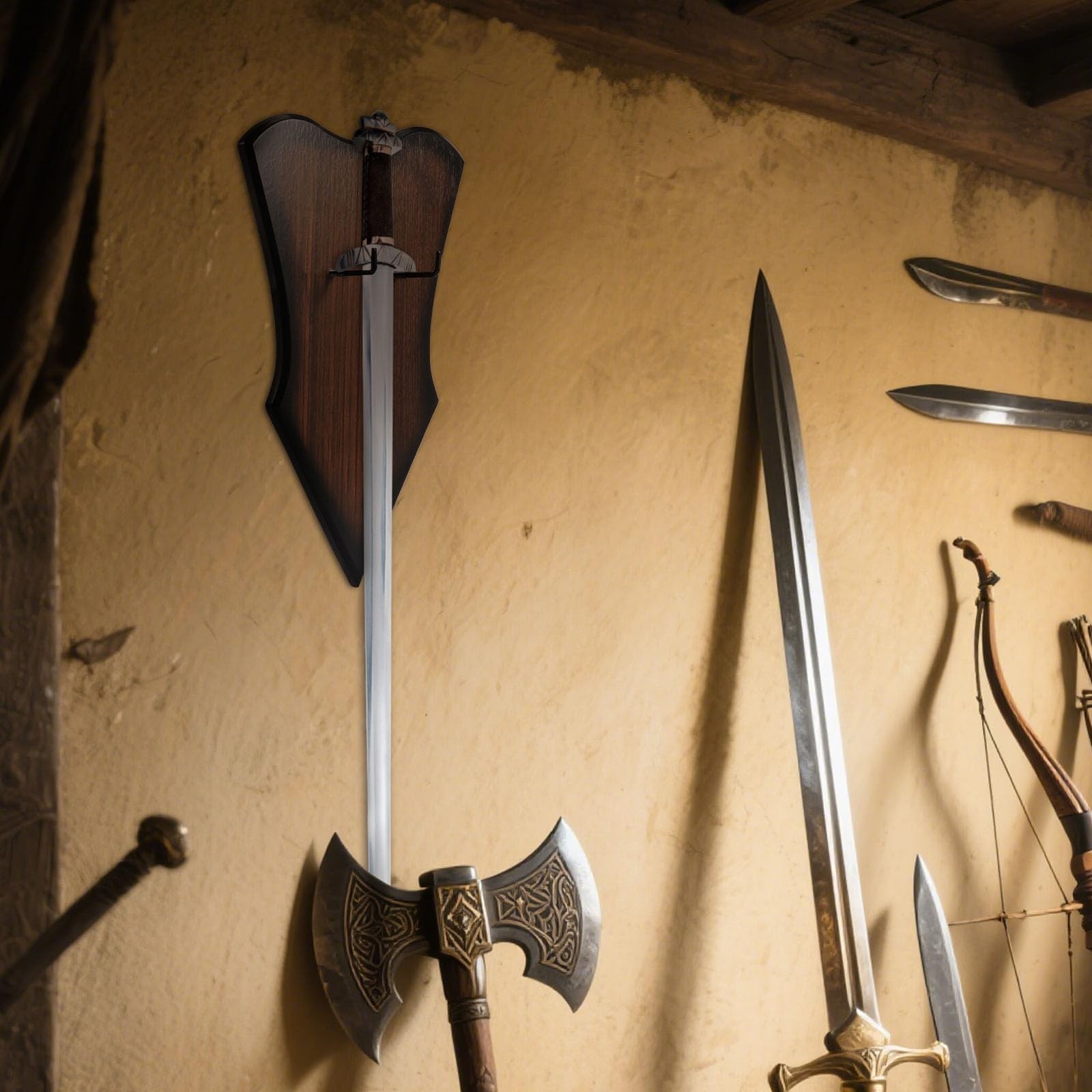 Sword Plaque Wall Mount, Adjustable Wooden Sword Holder Wall with Hardware,Wo...