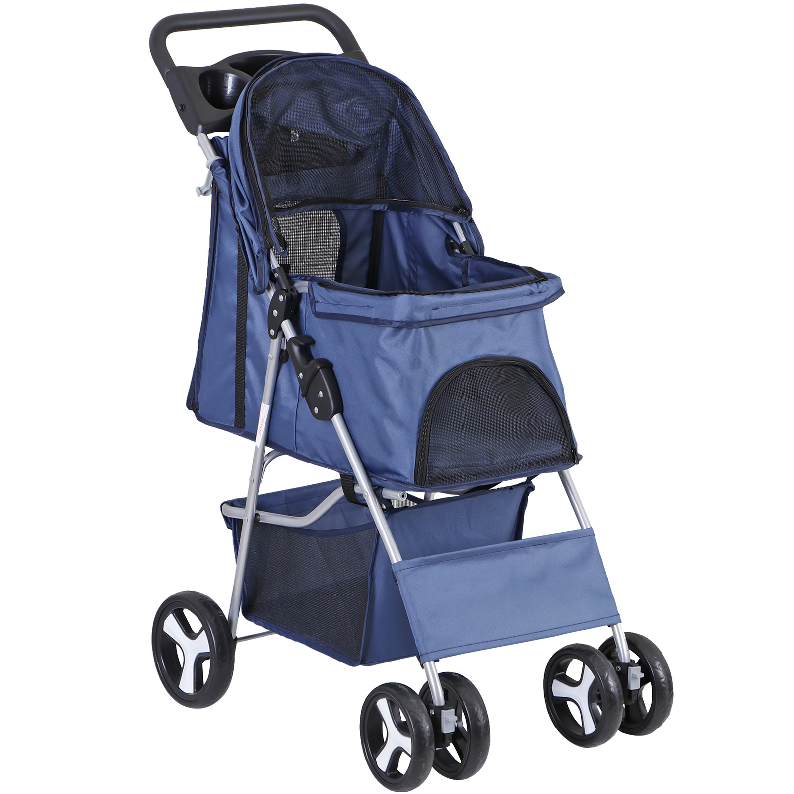 4 Wheels Blue Pet Stroller with Cup Holder, Breathable Mesh for S/M Dog Cat