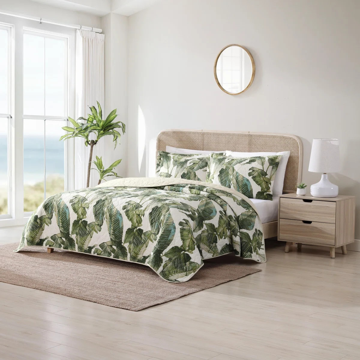King Quilt Set Green Coastal Botanical Tropical Floral Bahama Exotic Leaves 3Pc