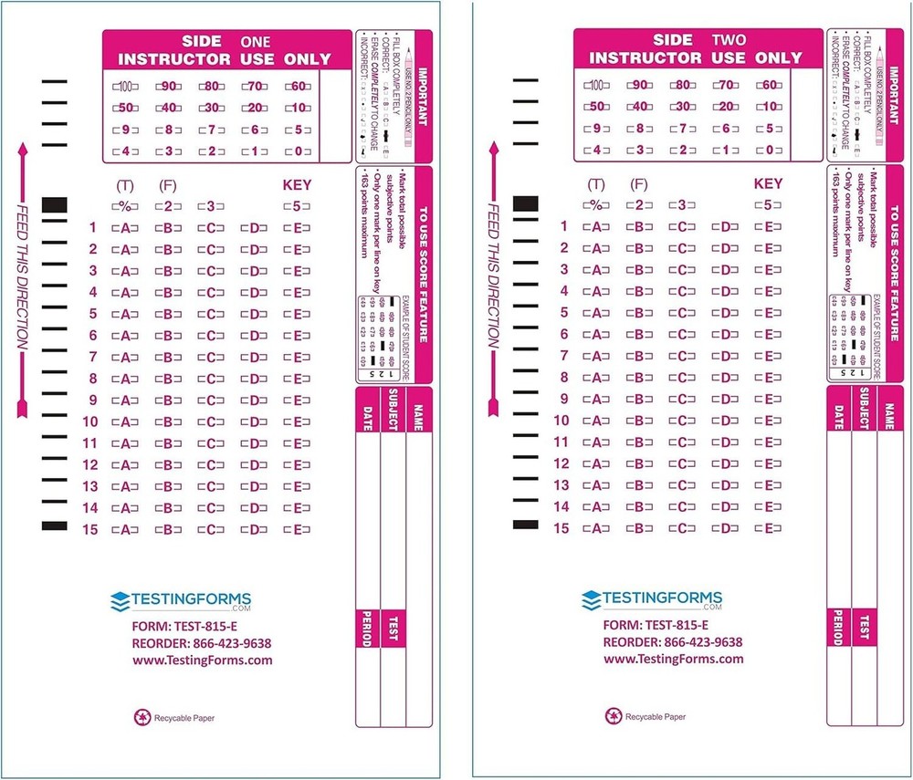 TEST-815E Double Sided 815 E 15 Question Compatible Testing Forms (500 Sheet ...