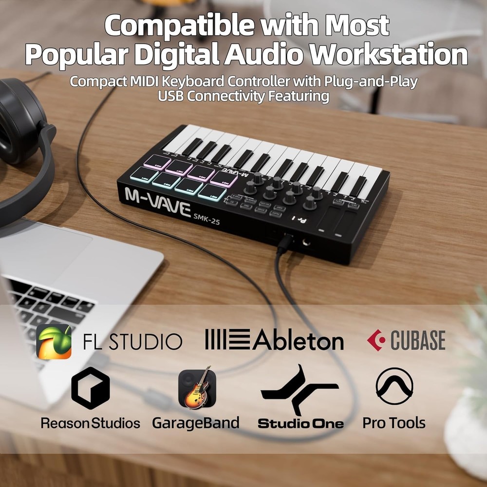 Portable 25-Key MIDI Controller | BT, RGB Pads, Smart Scale | PC, iOS & Android