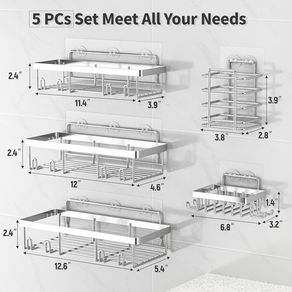 Rustproof 5-Piece Shower Caddy Set – Easy Adhesive Installation & Large Capacity