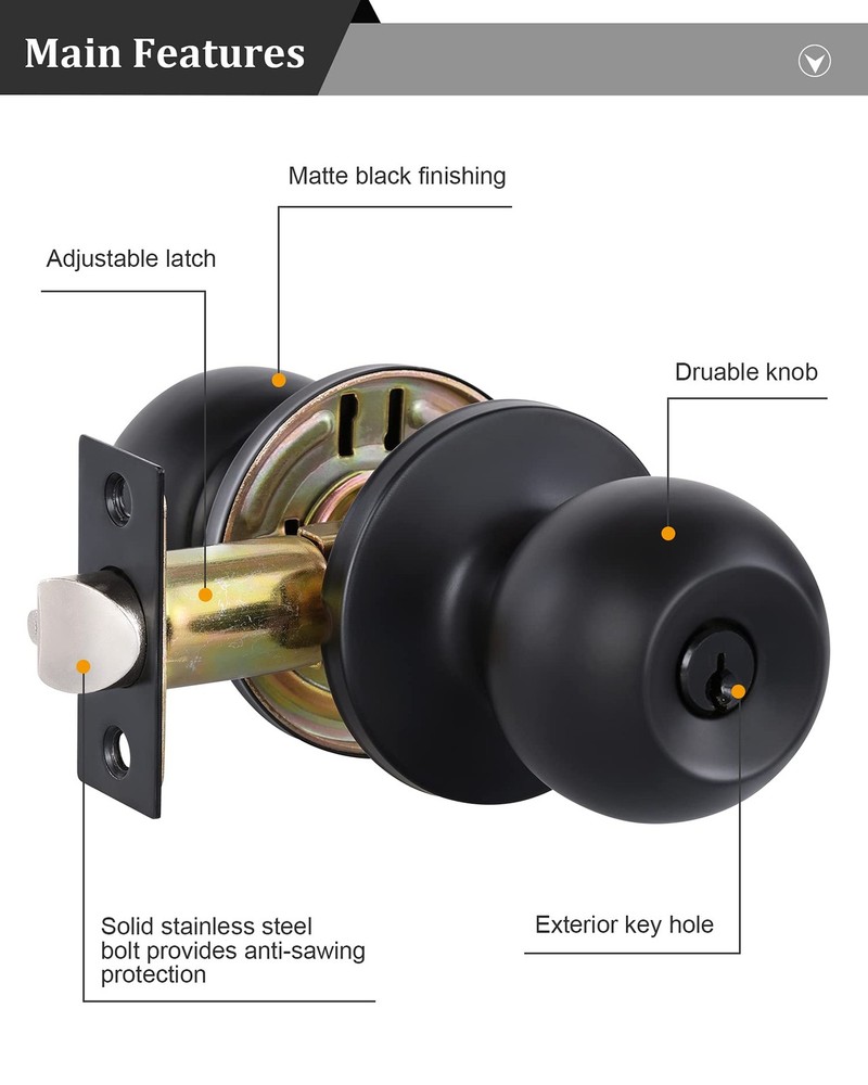 Lanwandeng Matte Black Door Knobs with Lock and Keys, 1 Pack, Entry Keys