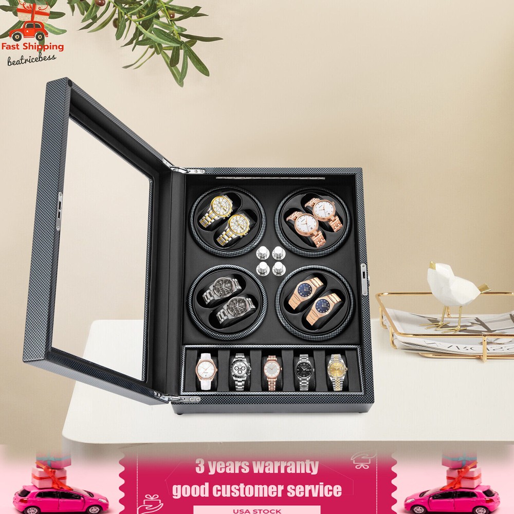 Automatic Rotation 8 Watch Winder Box w/5 Watches Display Storage Case Light LED