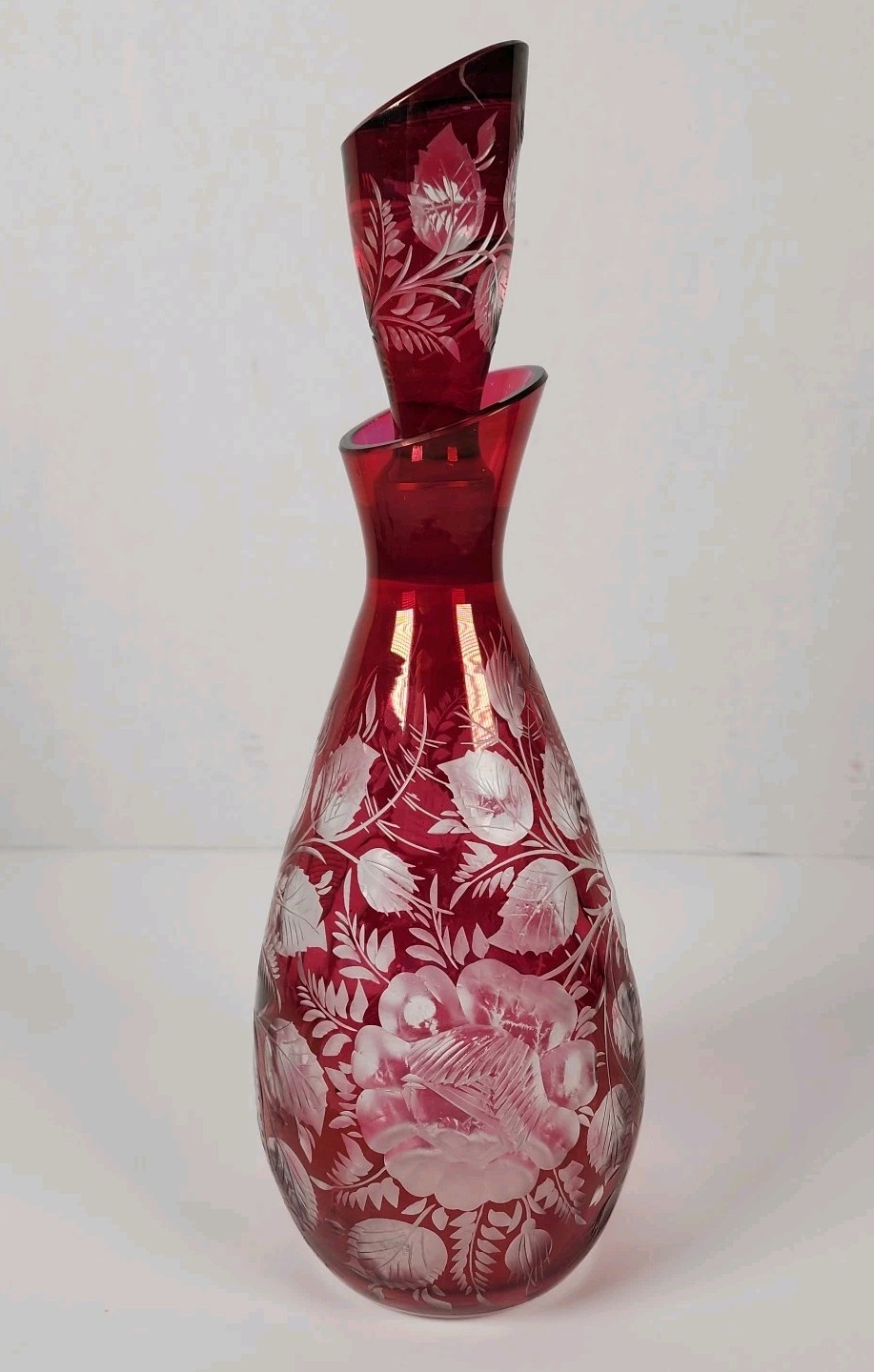 Bohemian Art Glass Ruby Red Liquor Decanter Etched Floral Design Vintage