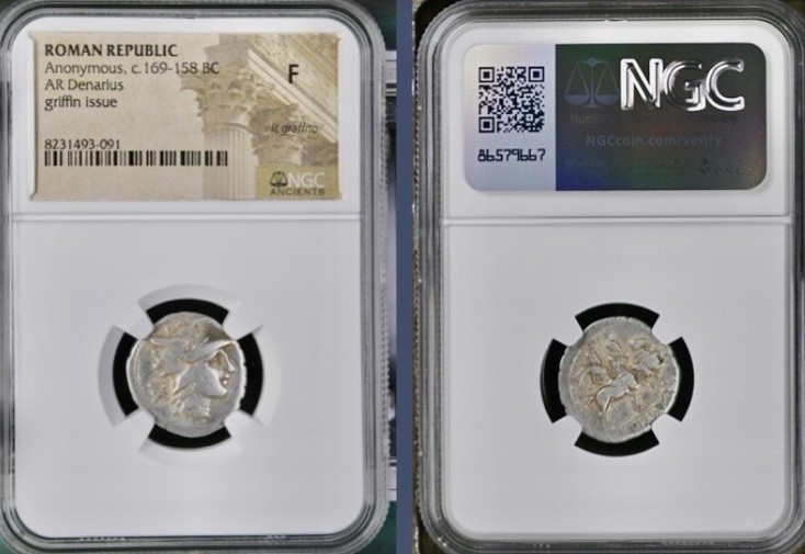 Roman Republic Silver Denarius 169BC-158BC NGC Graded Fine Griffin Nice Details