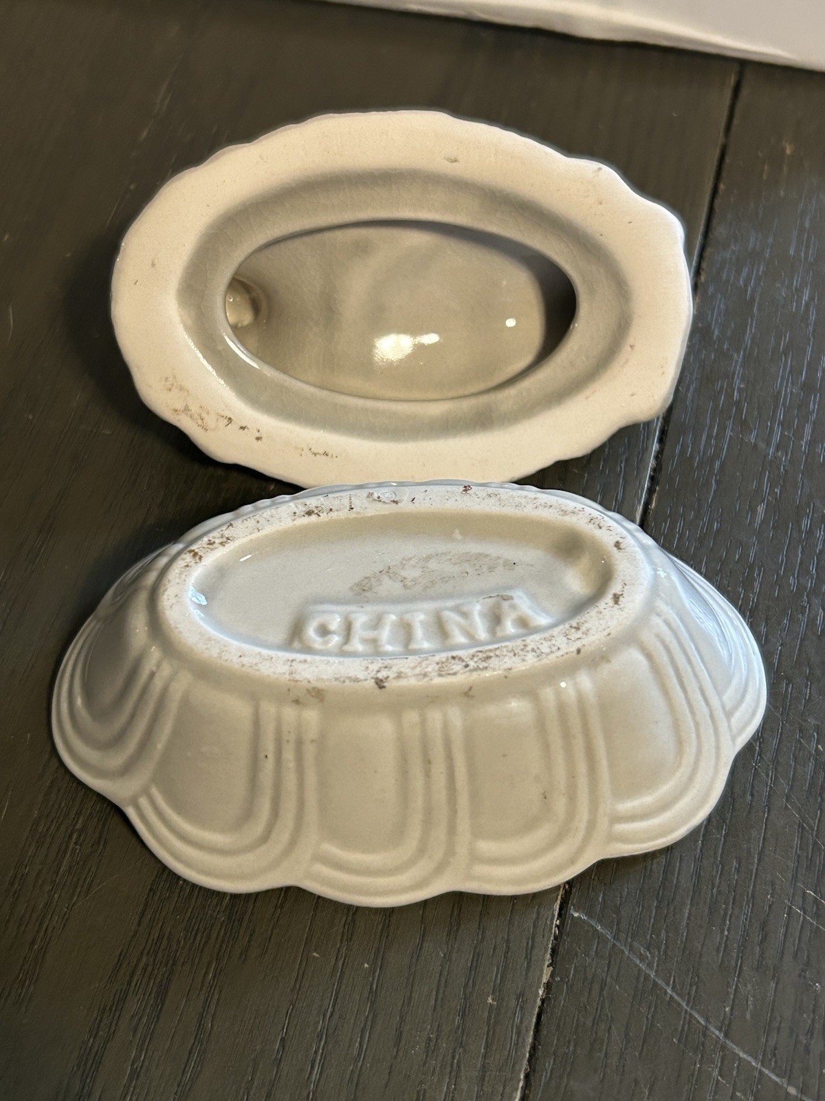 Vintage Gray And Blue Hen On A Nest•Porcelain Chicken On Nest In Wire Basket•EUC