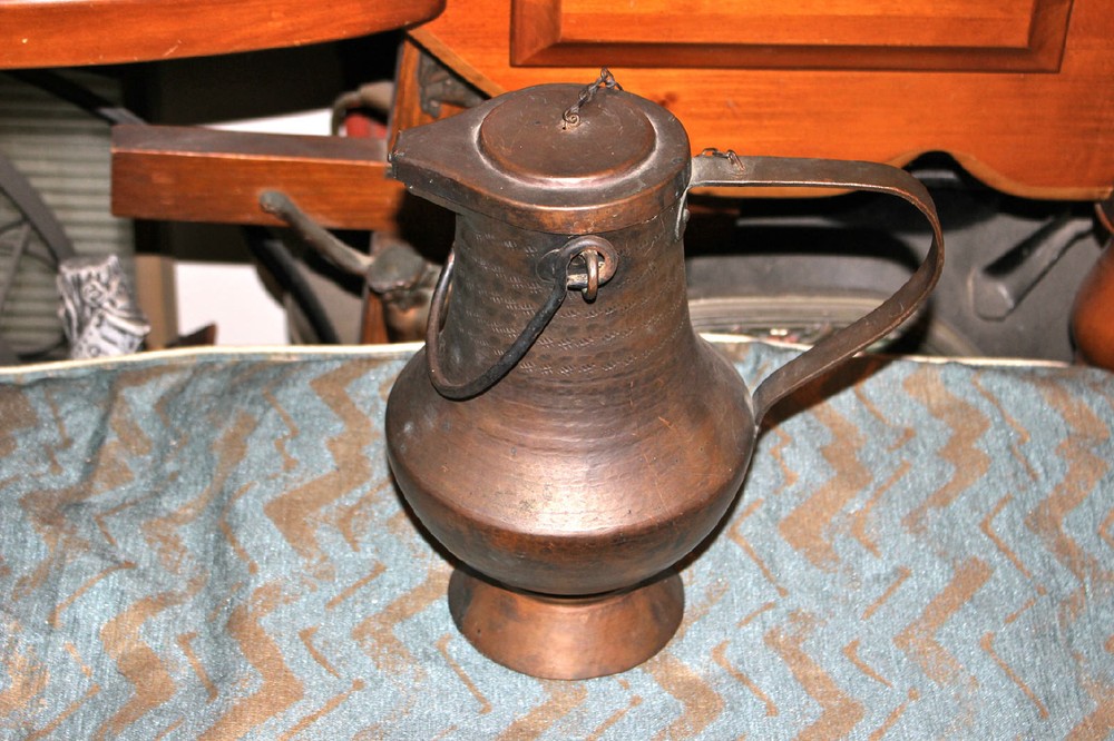 Antique Middle Eastern Arabic Hammered Copper Water Pitcher W/Lid-Primitive