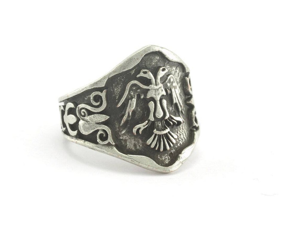 Double Head Eagle Logo Ring Adjustable Antique Silver Plated brass 10US size 721
