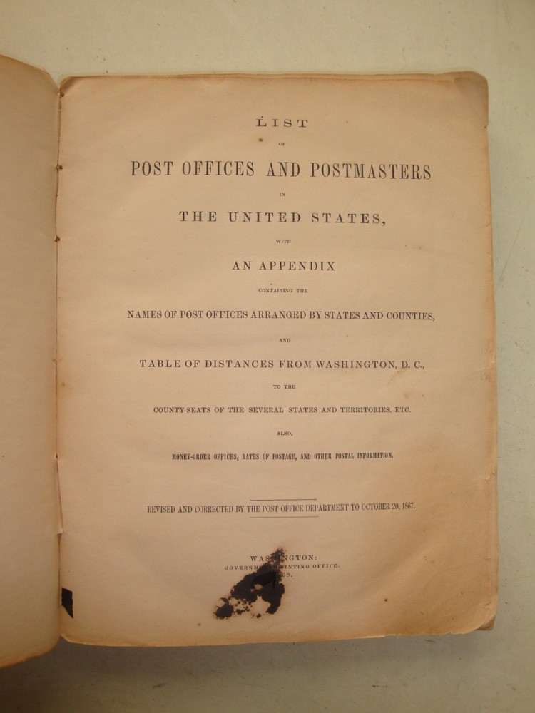 1868 POST OFFICES and POSTMASTERS of THE UNITED STATES and Territories philately