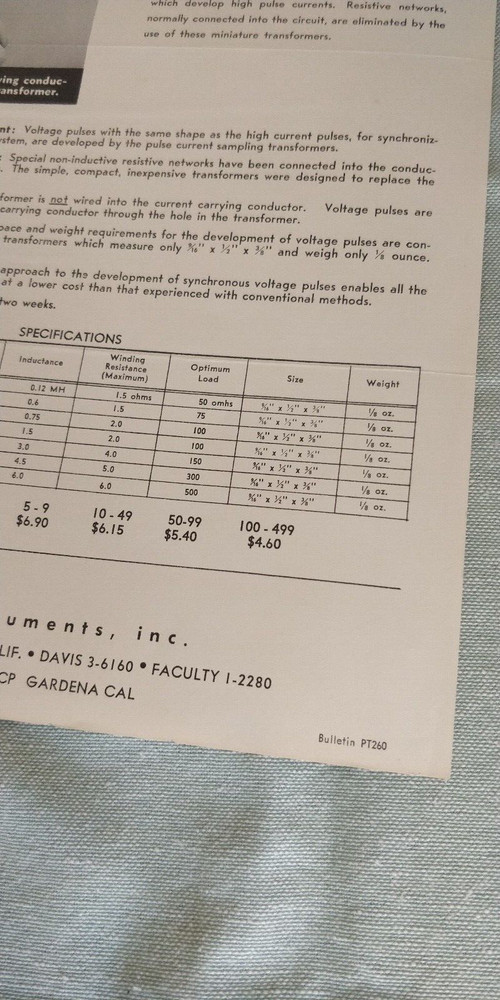 1950s ~ Valor Instrument Inc ~ Transformers ~ Data-Sheets / Bulletins