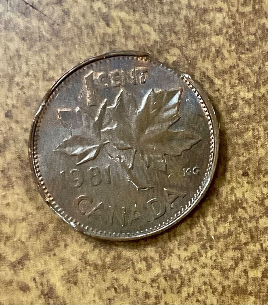 Canada 1981 cent bronze QE2 clipped planchet error curved CLIPS