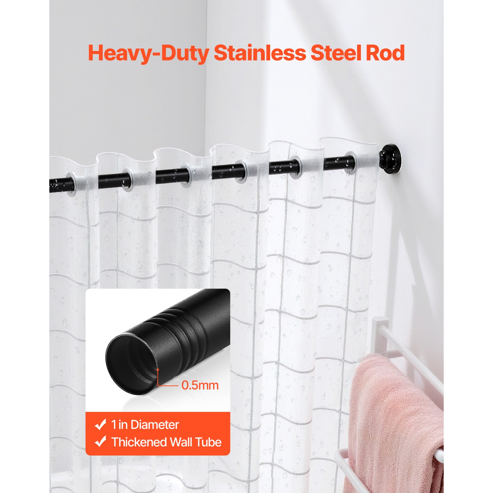 Uimoso Adjustable Tension Shower Rod 28-76 in Stainless Steel, Black Finish