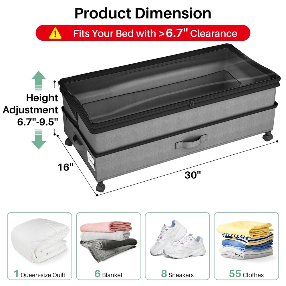 Kitstorack Under Bed Storage with Wheels 2Pack Height-adjustable Under Bed Stora