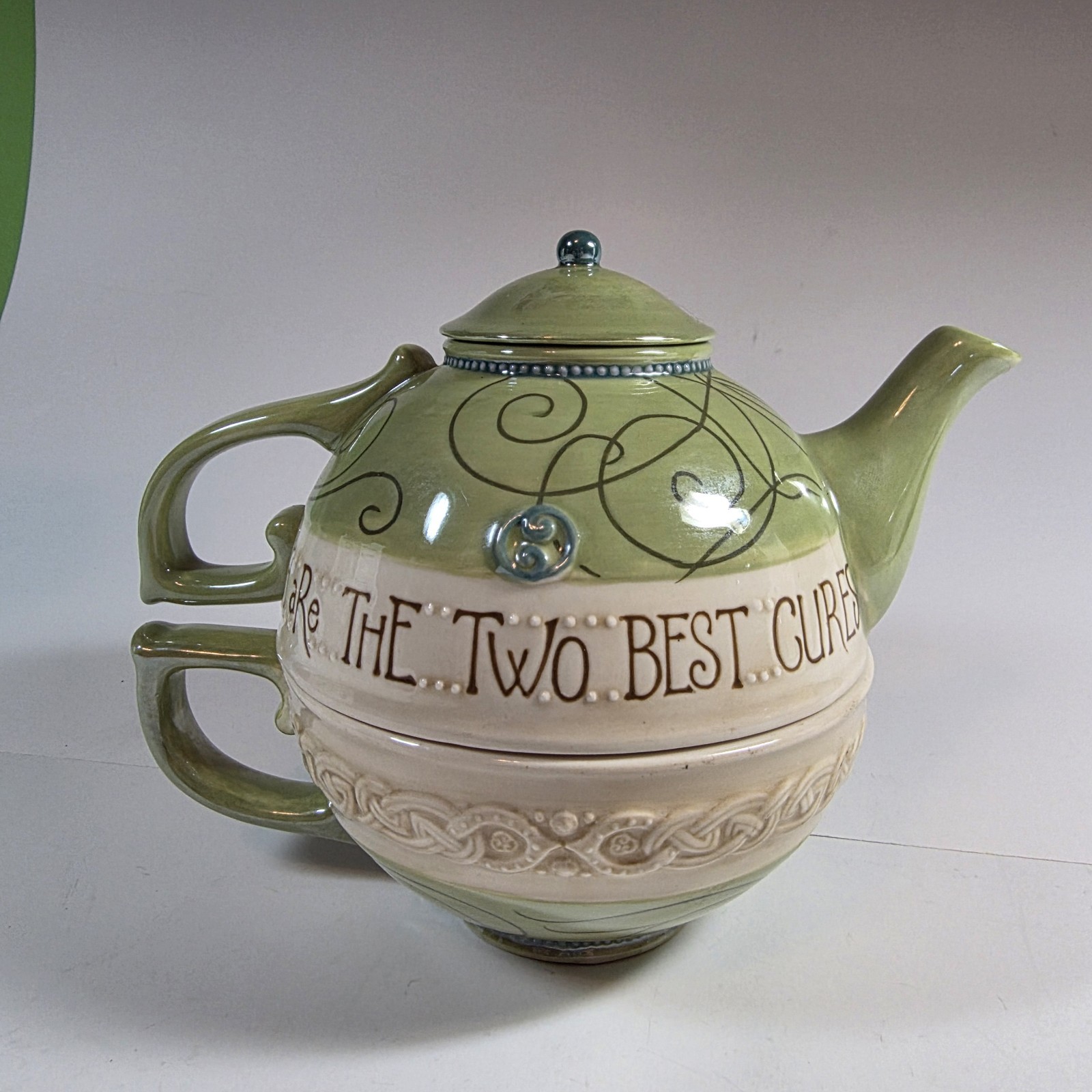 Grasslands Road Nesting Teapot Celtic Inspired Design Floral Green Cream 2 Piece