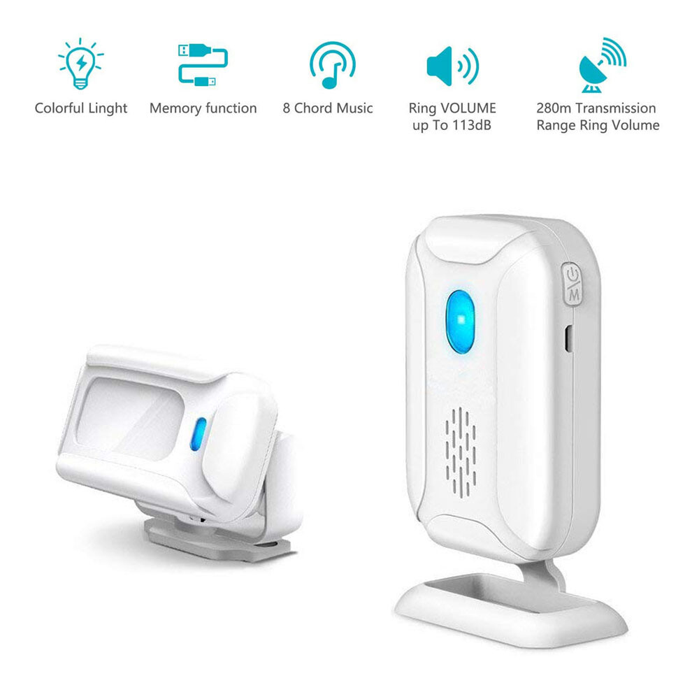 Indoor Apartment PIR Motion Sensor Security Chime With LED Light DIY Pairing Set